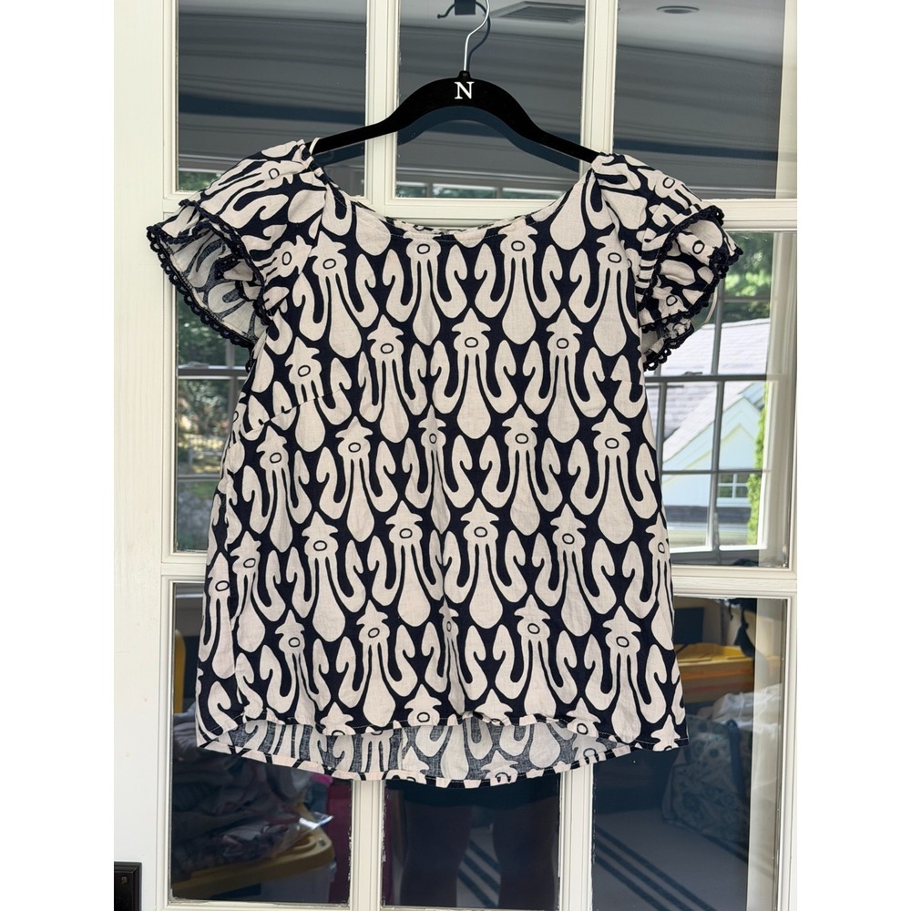 Christian Siriano New York ruffle-sleeve linen blend blouse navy white SZ L